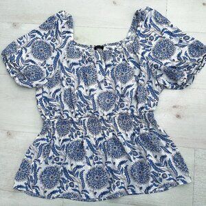 Talbots Women's Blue Floral Peplum Puff Sleeve Blouse Size Large